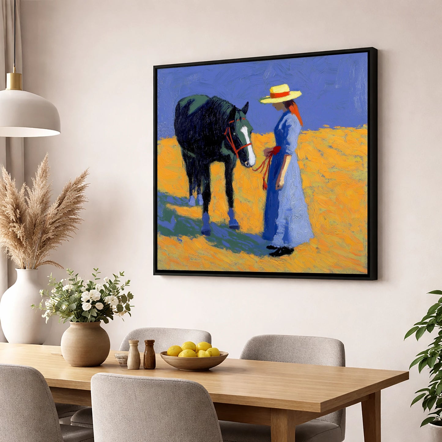 Golden Field Encounter horse & rider wall art displayed in a dining room