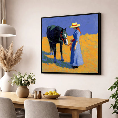 Golden Field Encounter horse & rider wall art displayed in a dining room
