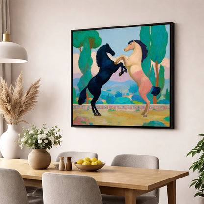 Azure and Rose Dance wild horses wall art displayed in a dining room