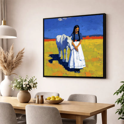 Sunlit Companion horse & rider wall art displayed in a dining room