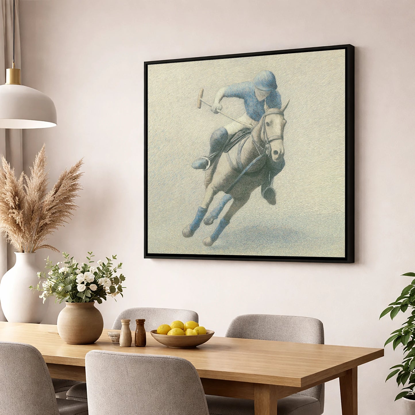 The Slate Blue Chukka polo horse wall art displayed in a dining room