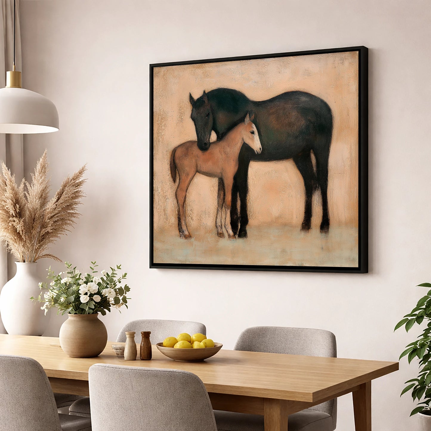 Quiet Affection mare & foal wall art displayed in a dining room
