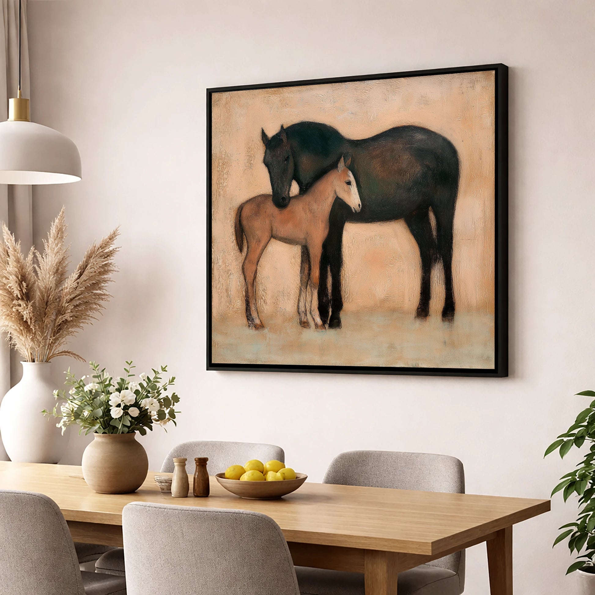 Quiet Affection mare & foal wall art displayed in a dining room