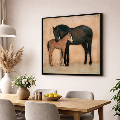 Quiet Affection mare & foal wall art displayed in a dining room