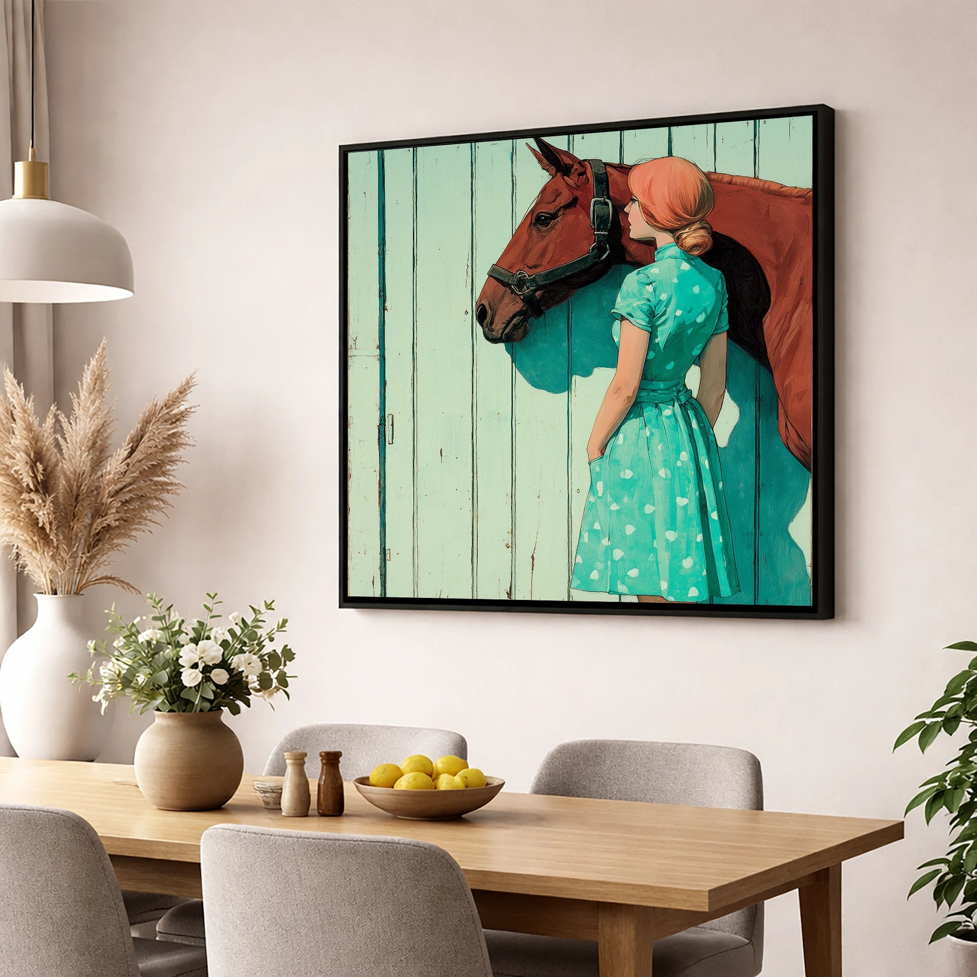Shadows in Mint and Chestnut horse & rider wall art displayed in a dining room