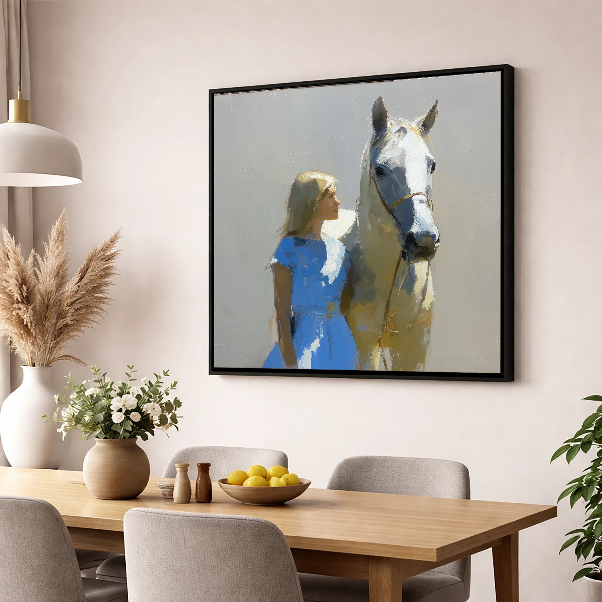 A Sunlit Bond horse & rider wall art displayed in a dining room