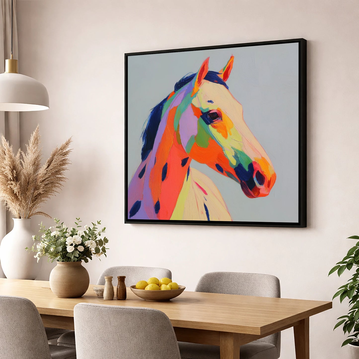 Technicolour Spirit horse breed wall art displayed in a dining room
