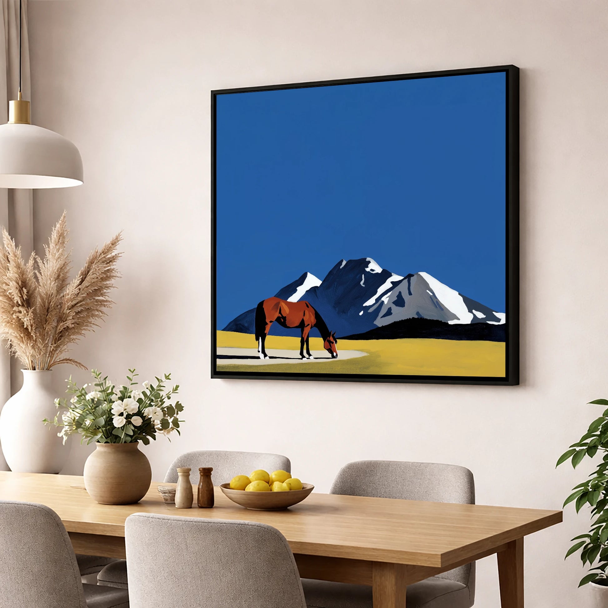 Majestic Mountain Grazing horse landscape wall art displayed in a dining room