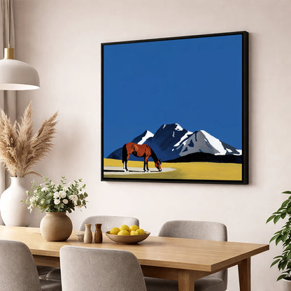 Majestic Mountain Grazing horse landscape wall art displayed in a dining room