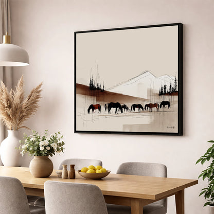 Tranquil Grazing Herd horse landscape wall art displayed in a dining room