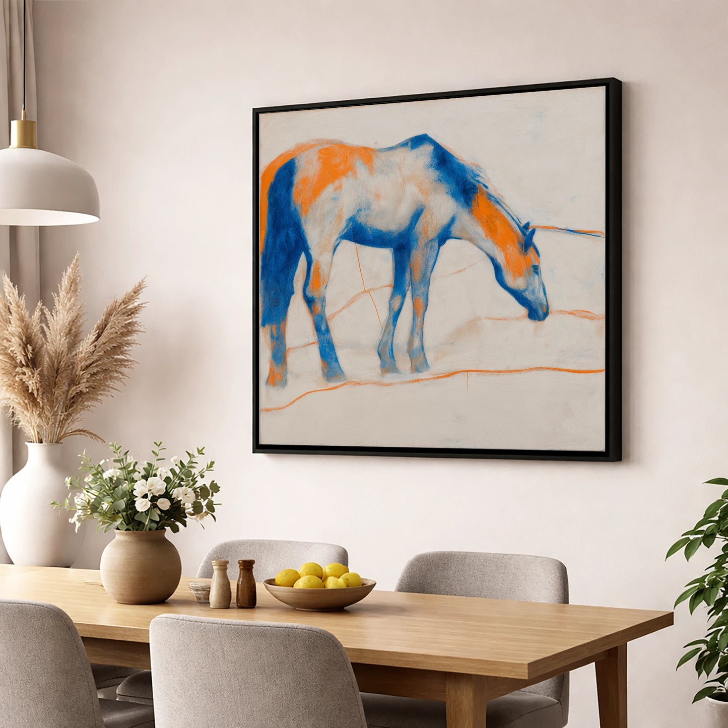 Vibrant Ultramarine Grazer horse portrait wall art displayed in a dining room