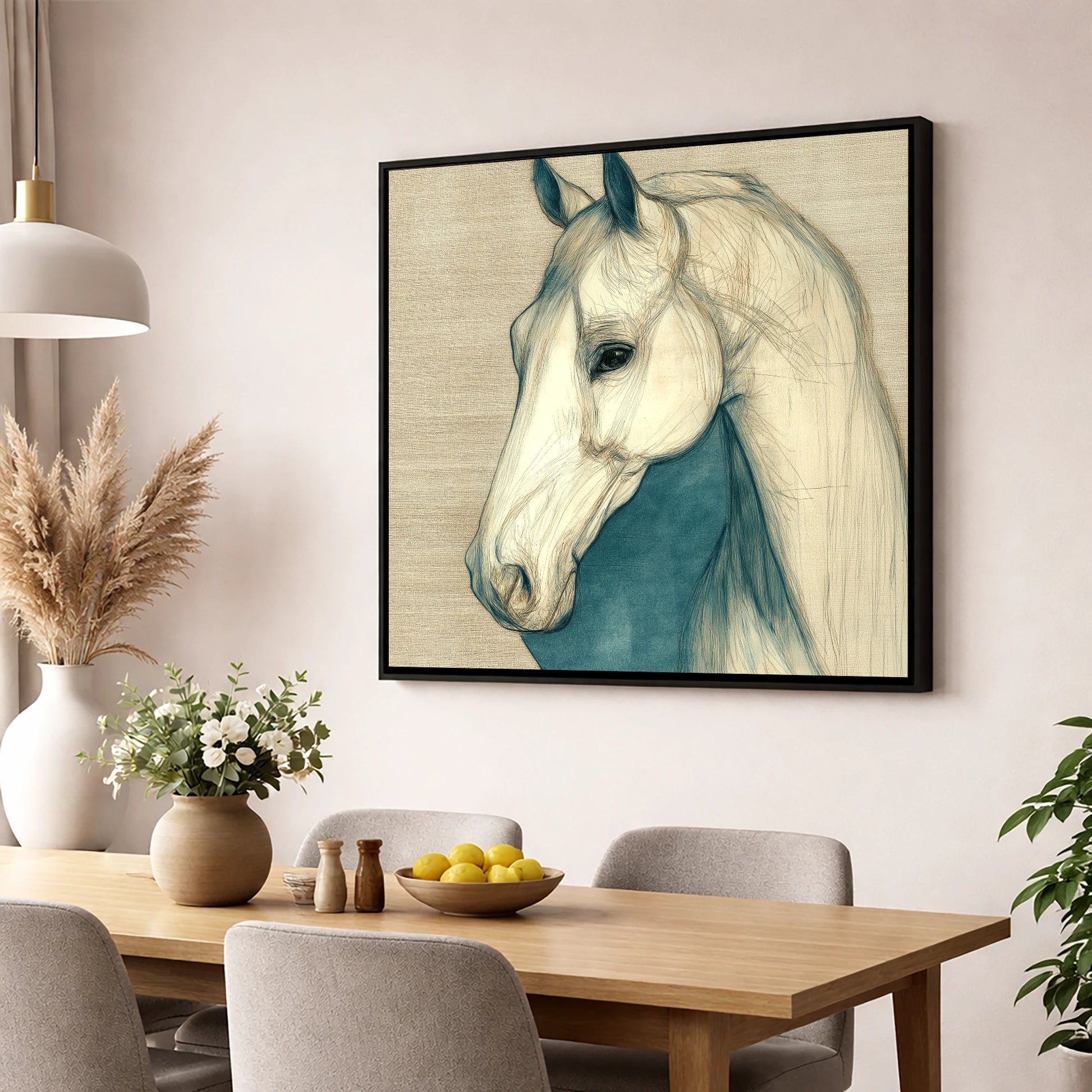 Serene Profile Sketch horse portrait wall art displayed in a dining room