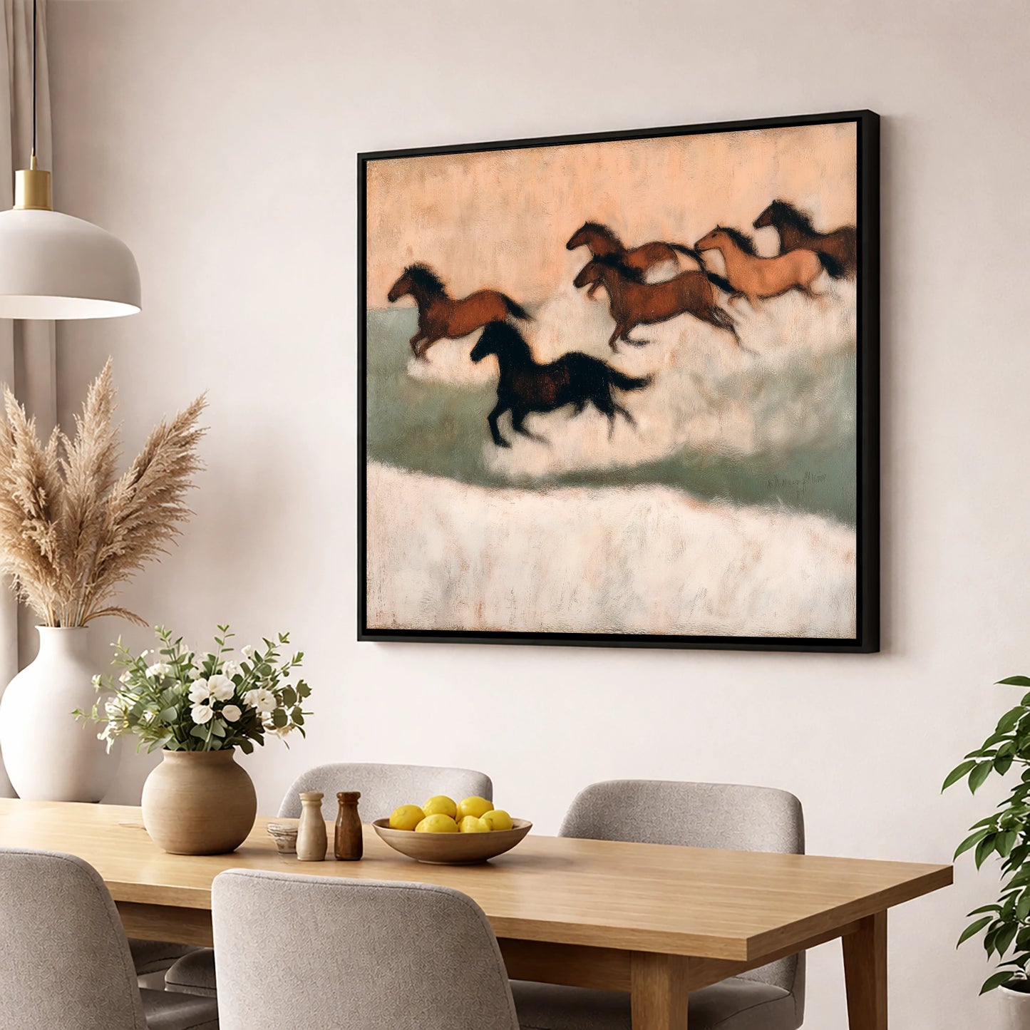 Through the Winter Haze wild horses wall art displayed in a dining room
