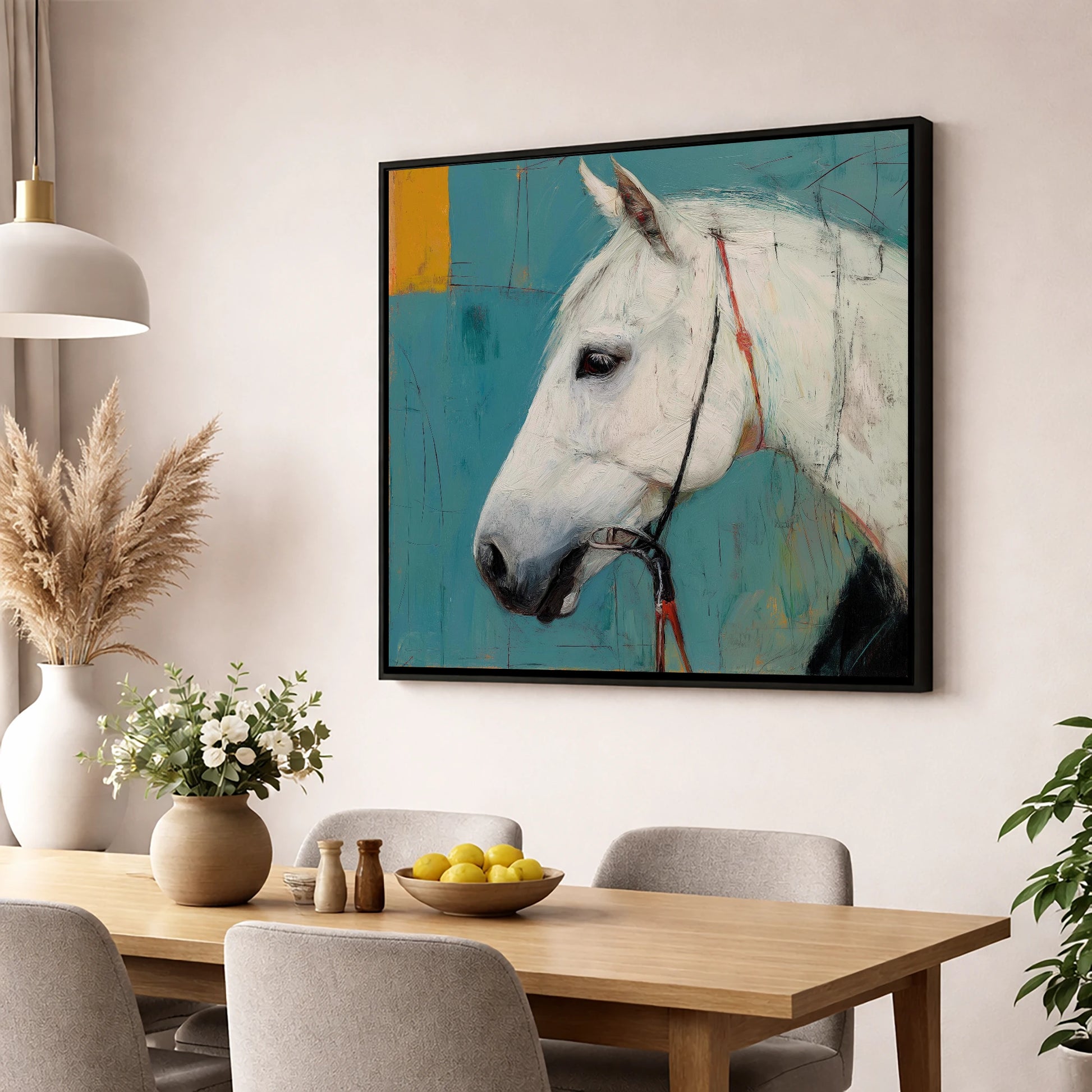 Alabaster Study in Teal horse portrait wall art displayed in a dining room