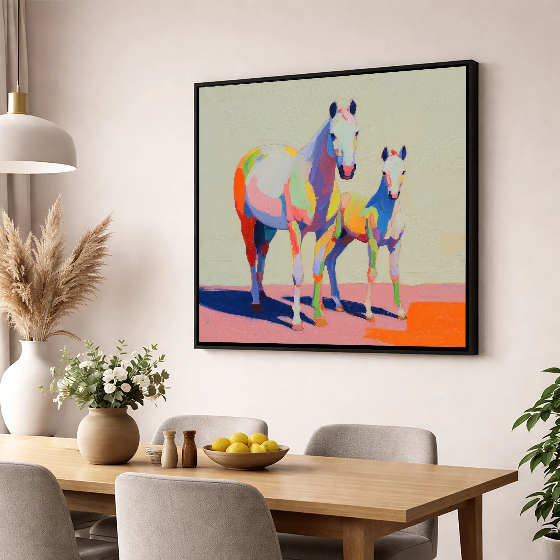 Technicolour Bond mare & foal wall art displayed in a dining room