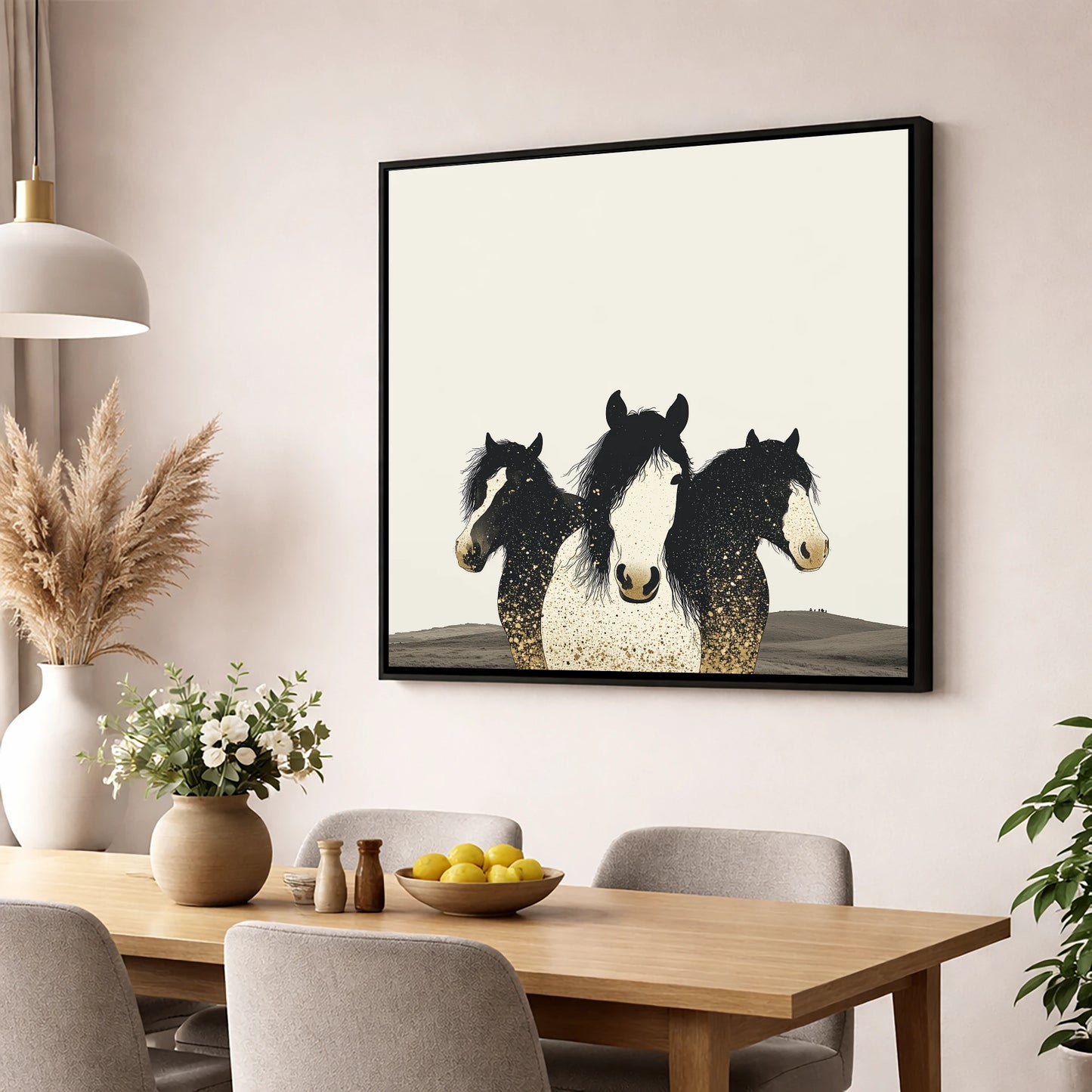 Gilded Companions horse landscape wall art displayed in a dining room