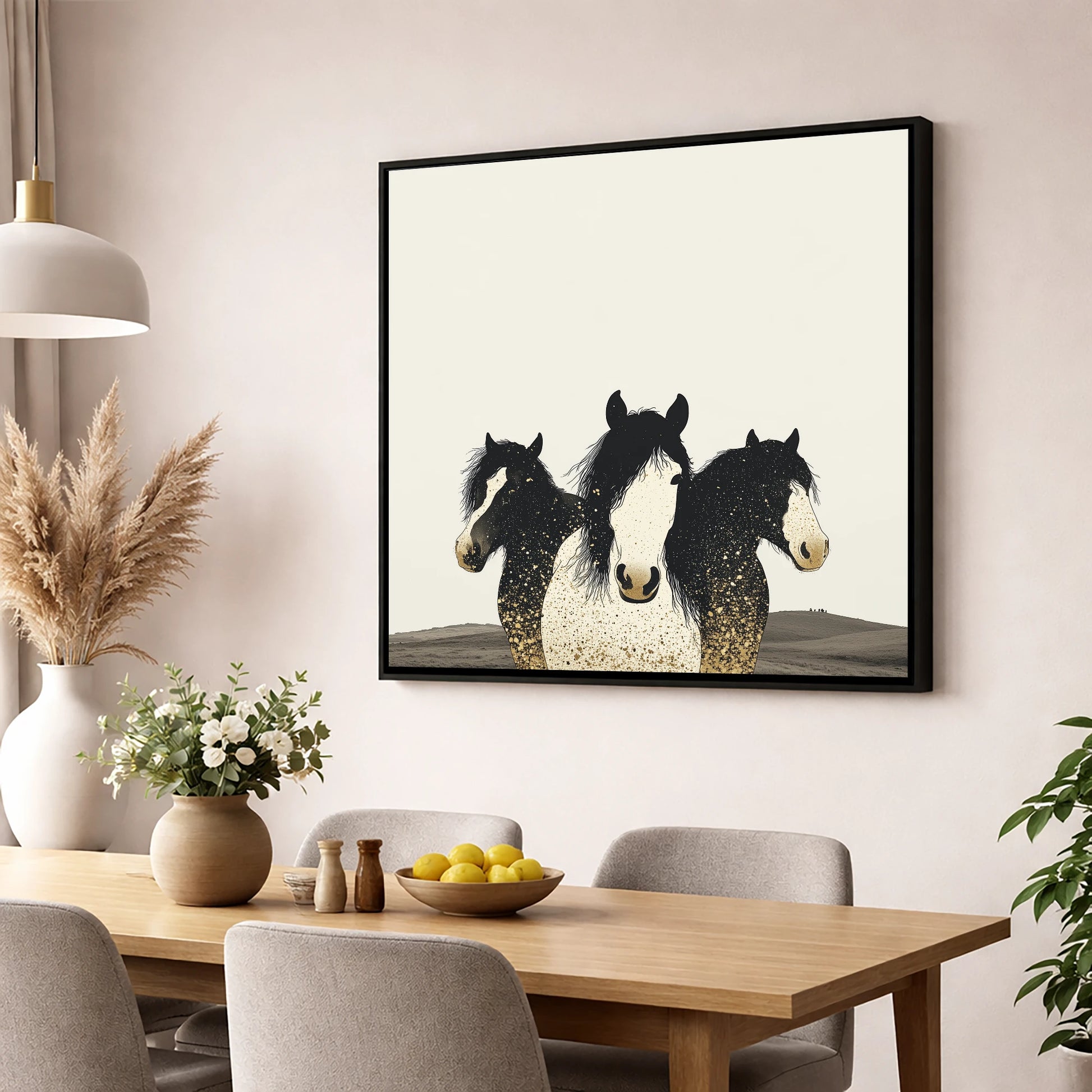 Gilded Companions horse landscape wall art displayed in a dining room
