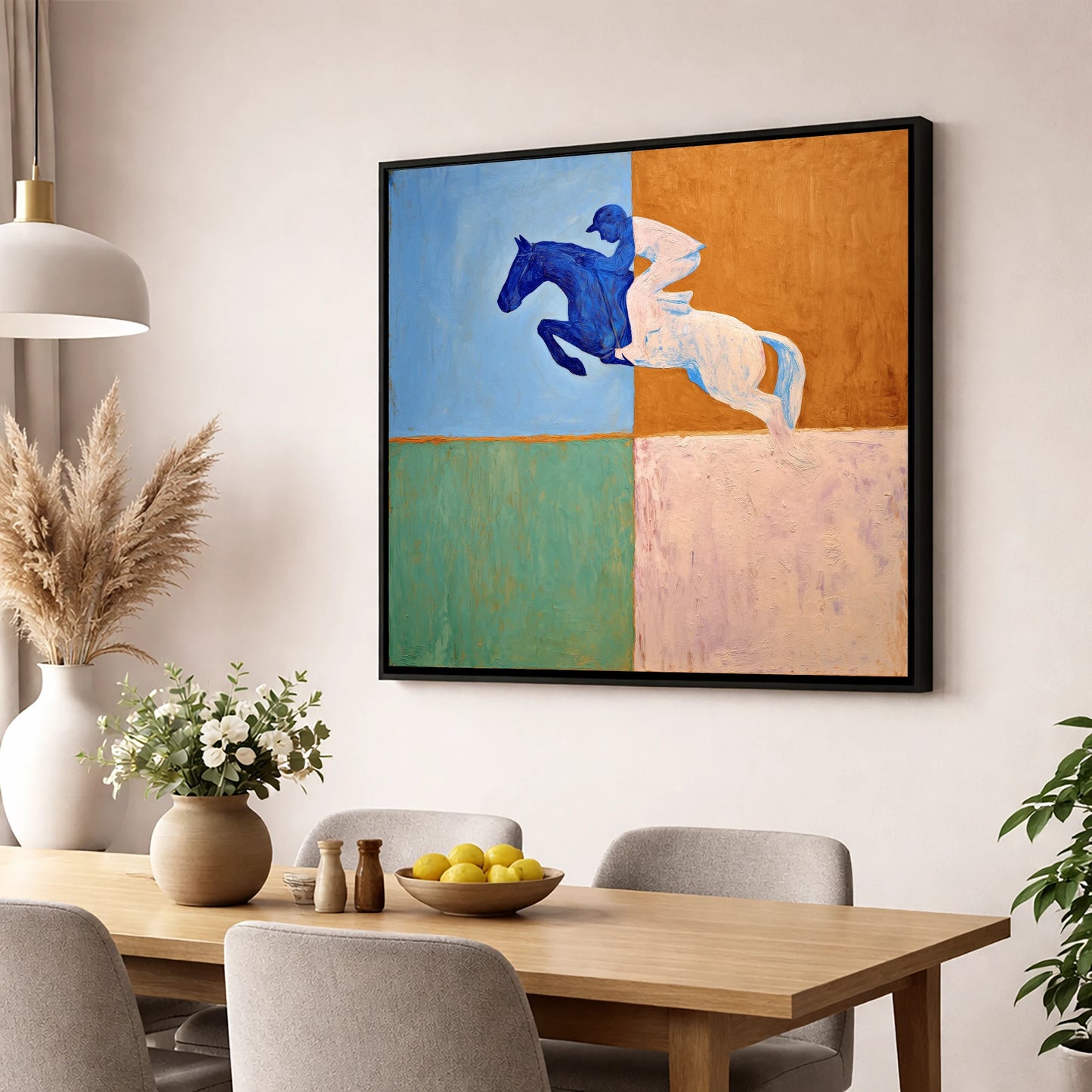 Abstract Cobalt Leap show jumping horse wall art displayed in a dining room