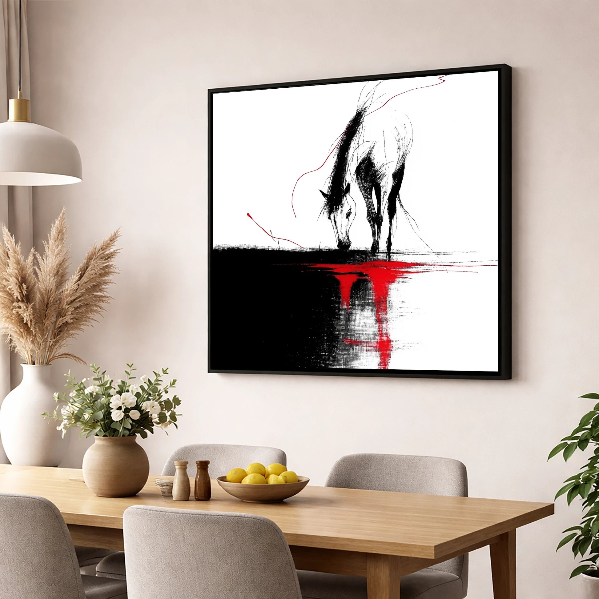 Crimson Reflection horse portrait wall art displayed in a dining room
