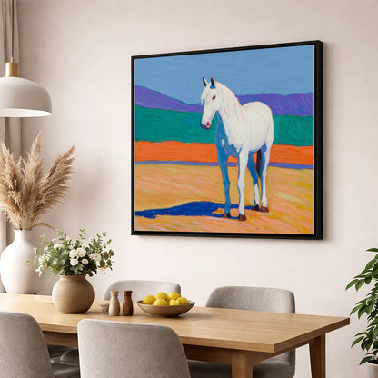 The Vibrant Grey horse breed wall art displayed in a dining room