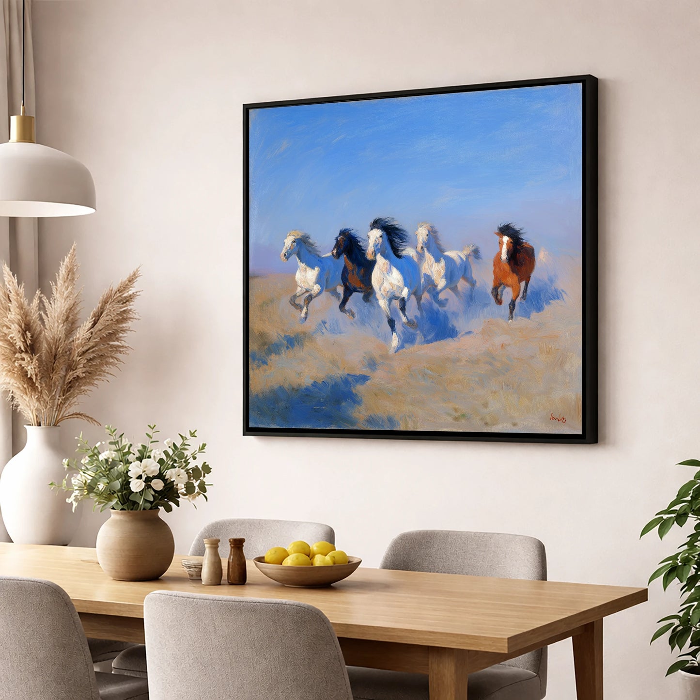 The Cerulean Gallop wild horses wall art displayed in a dining room