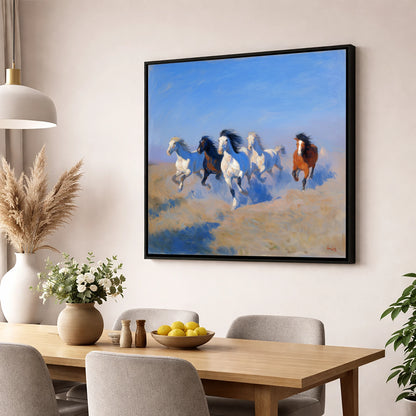The Cerulean Gallop wild horses wall art displayed in a dining room