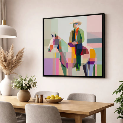 Geometric Western Rider western horse wall art displayed in a dining room