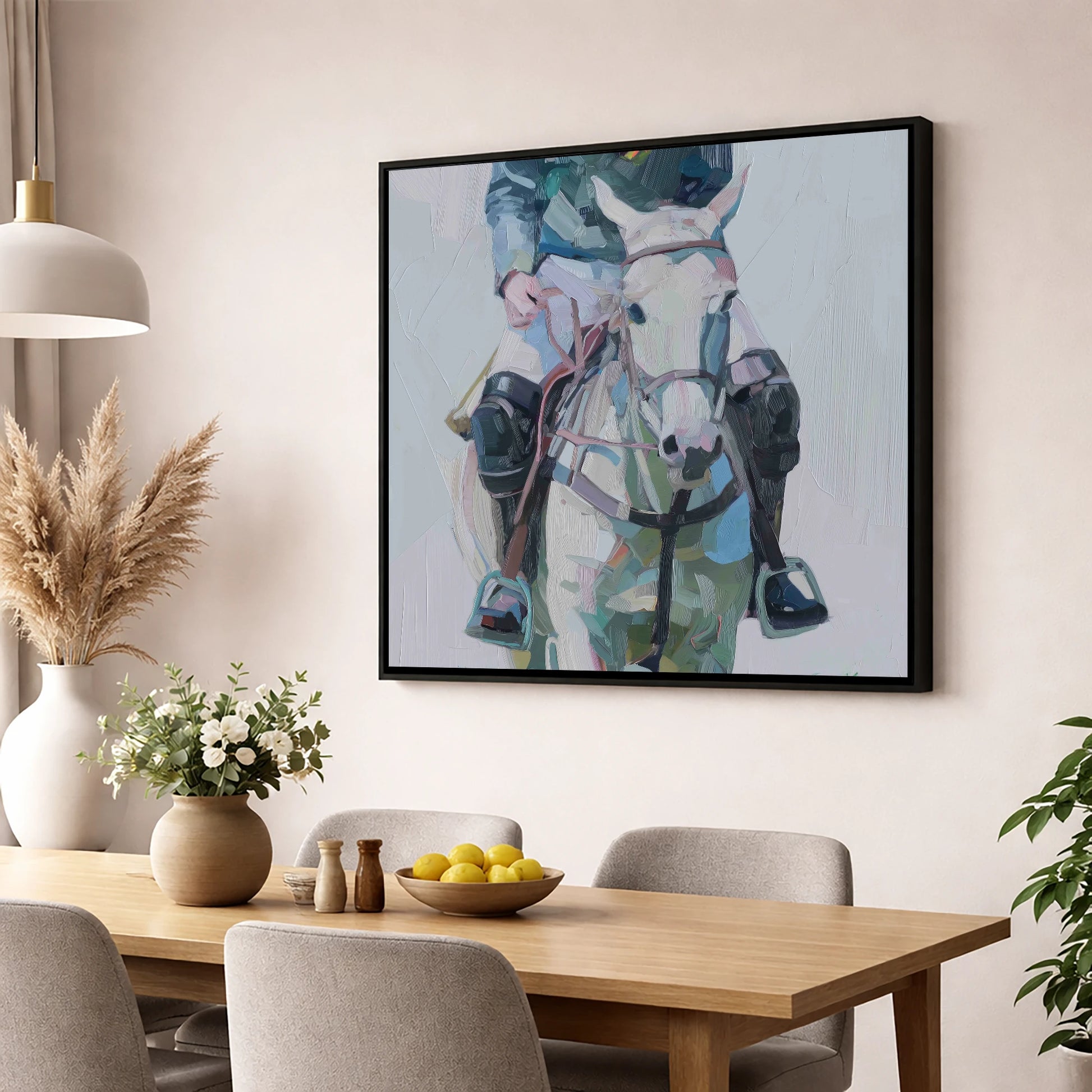 Quiet Before the Chukka polo horse wall art displayed in a dining room