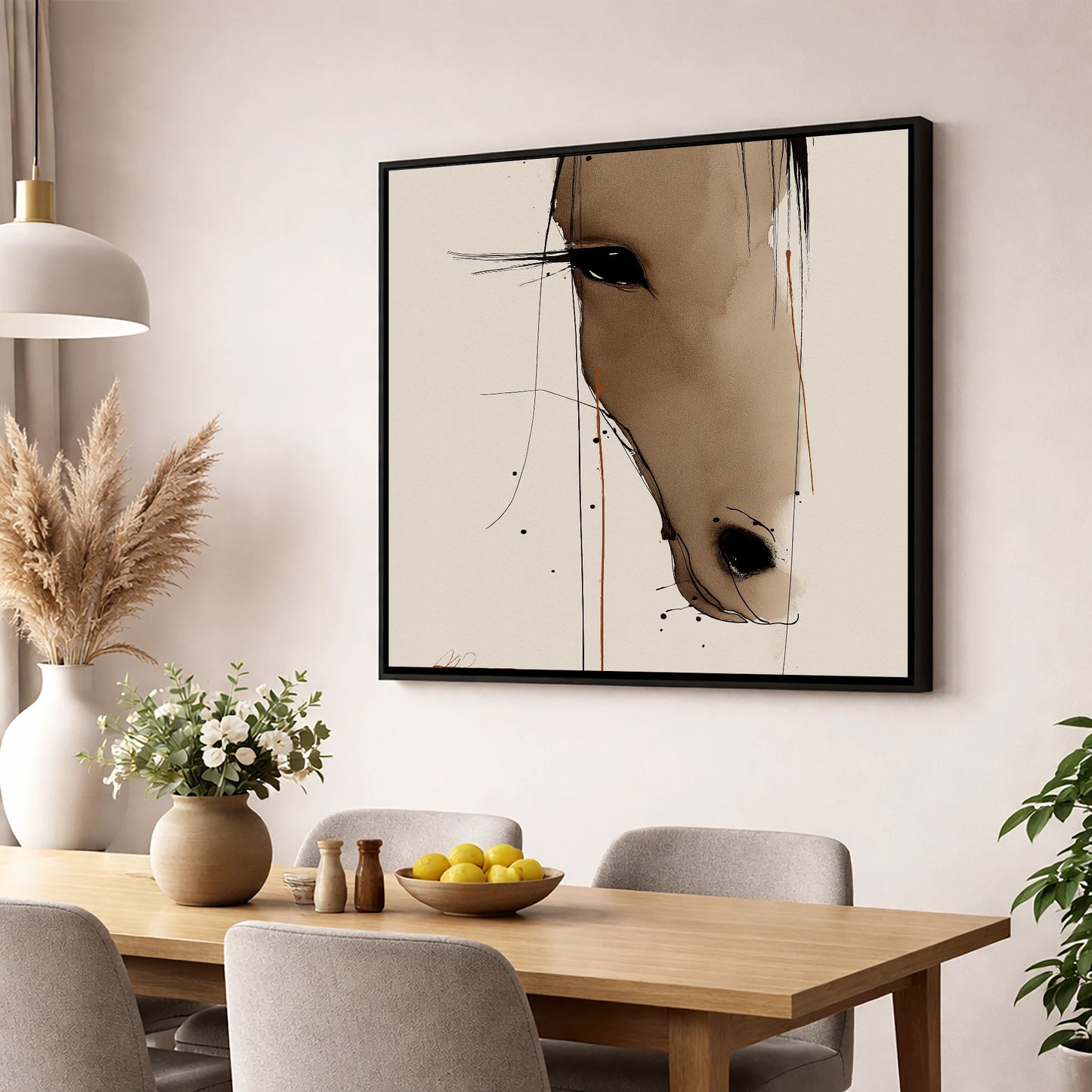 Fluid Sepia Gaze horse portrait wall art displayed in a dining room