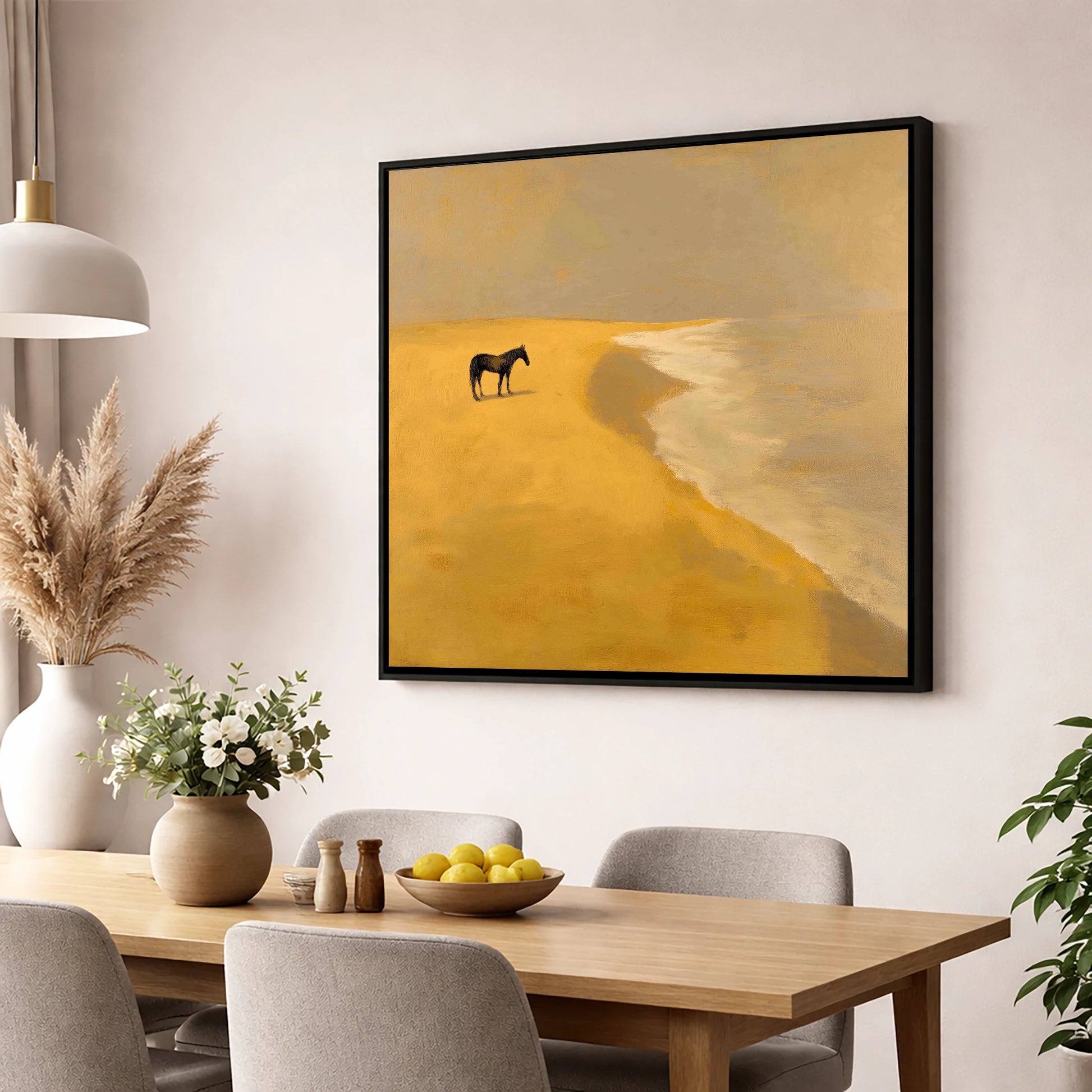 Golden Shoreline Solitude horse landscape wall art displayed in a dining room