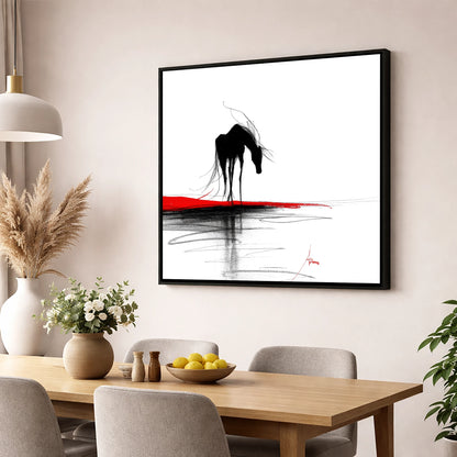 Crimson Horizon Silhouette horse portrait wall art displayed in a dining room
