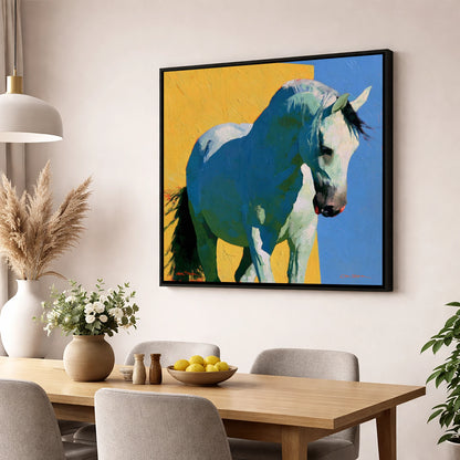 Grey Horse in Vibrant Light horse breed wall art displayed in a dining room