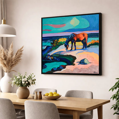 Vibrant Coastal Graze horse landscape wall art displayed in a dining room
