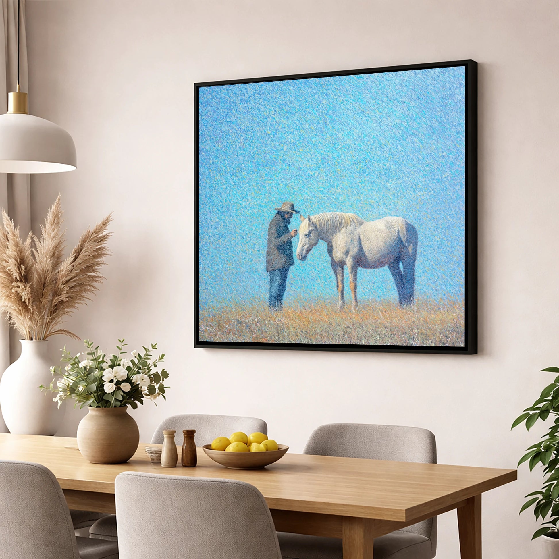 Luminous Connection horse & rider wall art displayed in a dining room