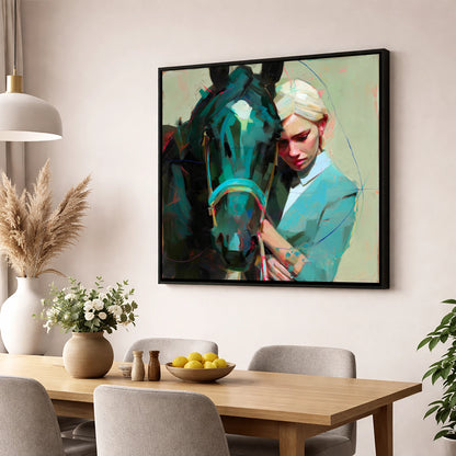 Silent Understanding horse & rider wall art displayed in a dining room