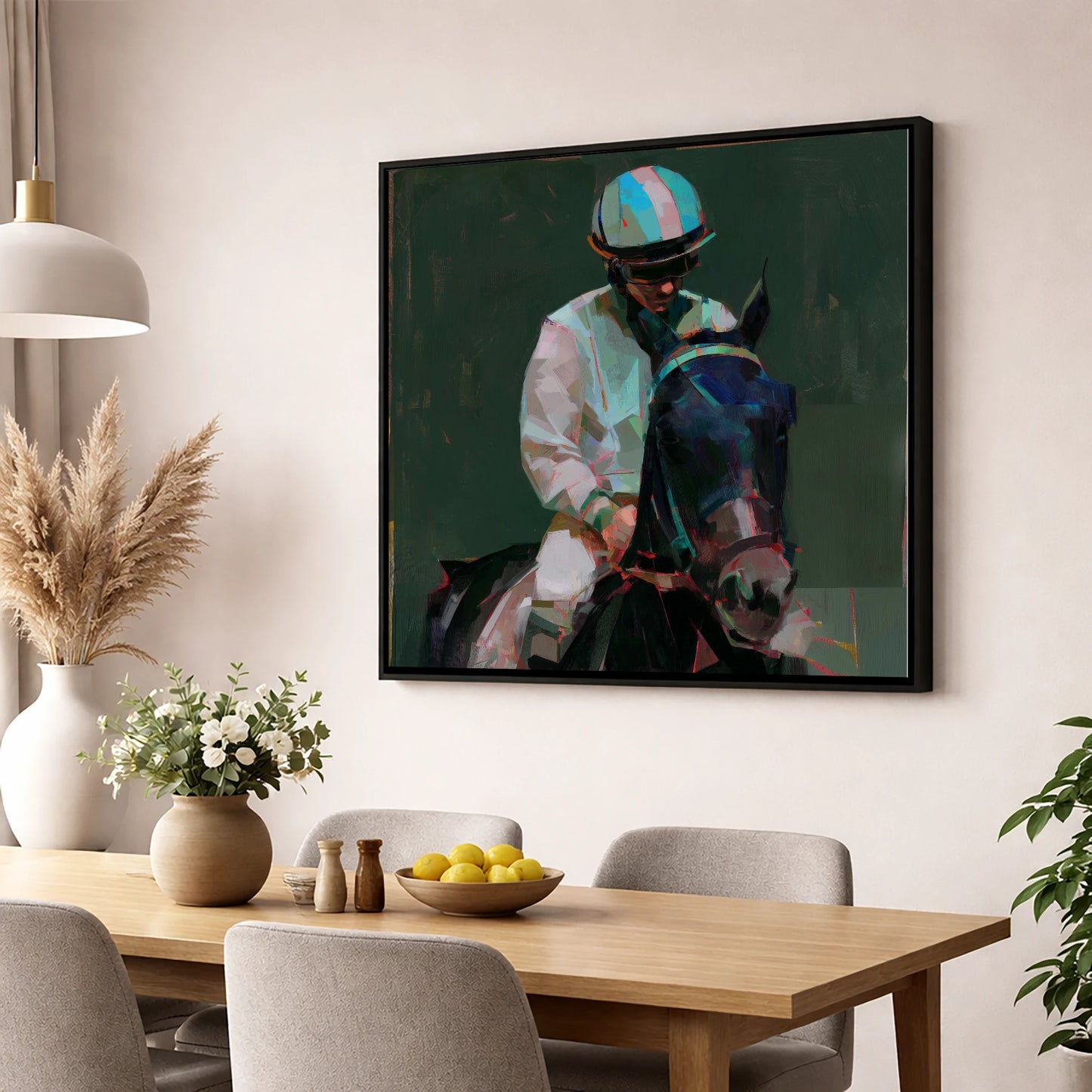 Pre-Race Focus racing horse wall art displayed in a dining room