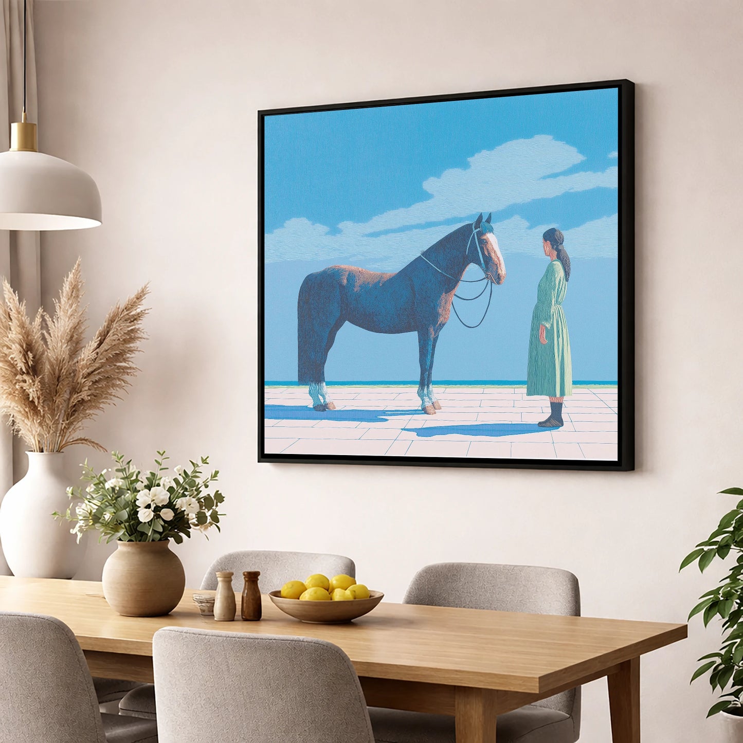 The Quiet Bond horse & rider wall art displayed in a dining room