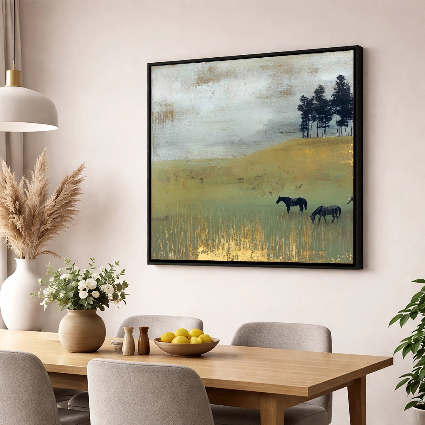 Gilded Grazing wild horses wall art displayed in a dining room