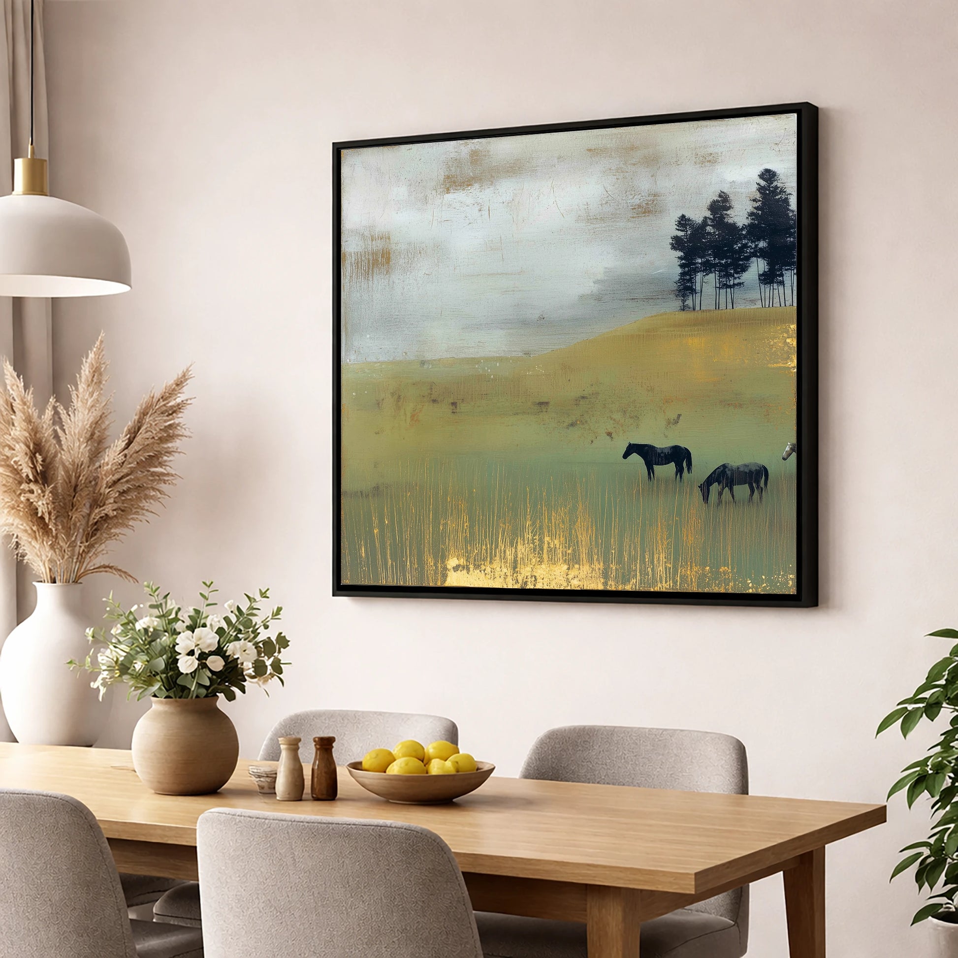 Gilded Grazing wild horses wall art displayed in a dining room