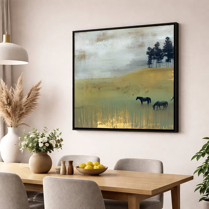 Gilded Grazing wild horses wall art displayed in a dining room
