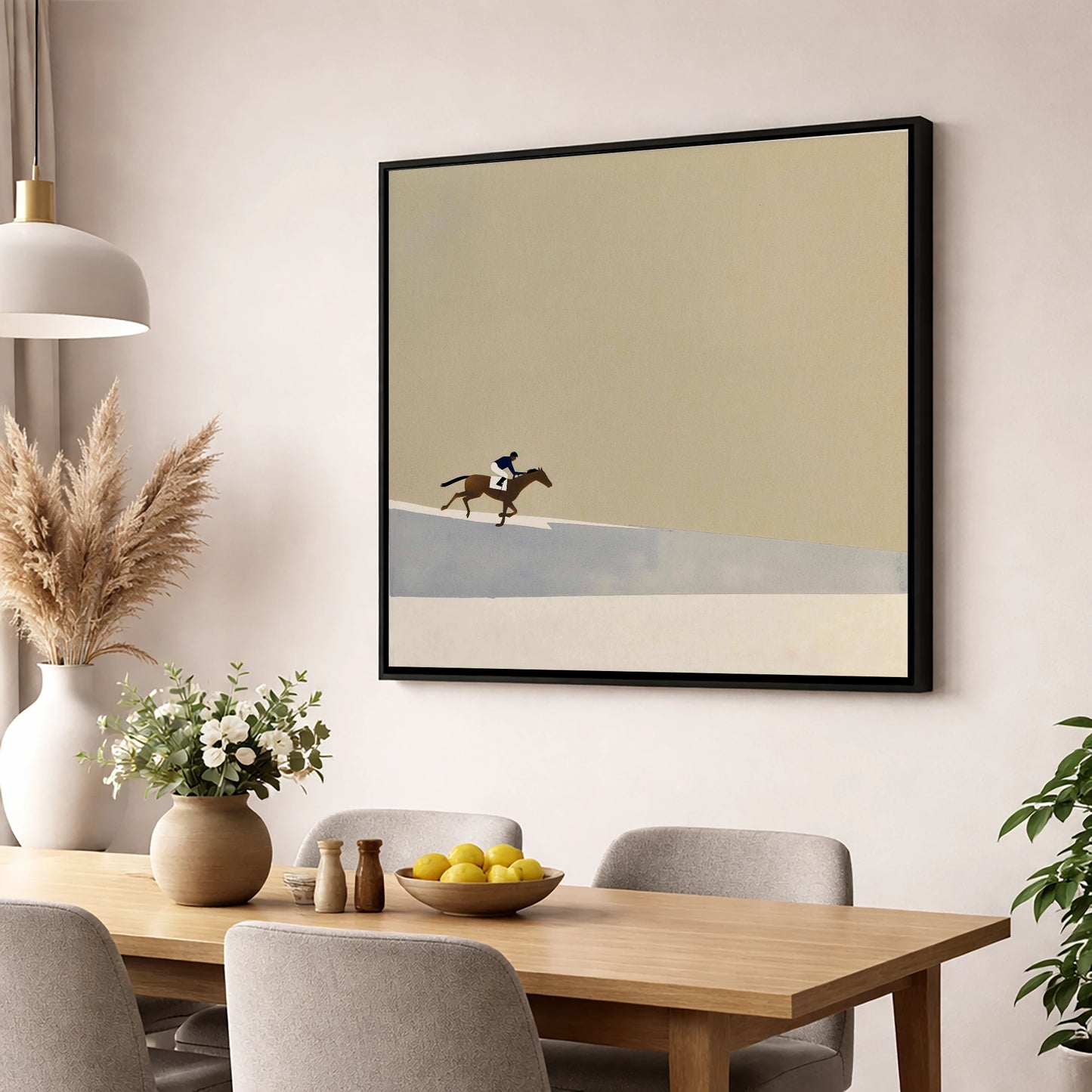 Morning On The Gallops racing horse wall art displayed in a dining room