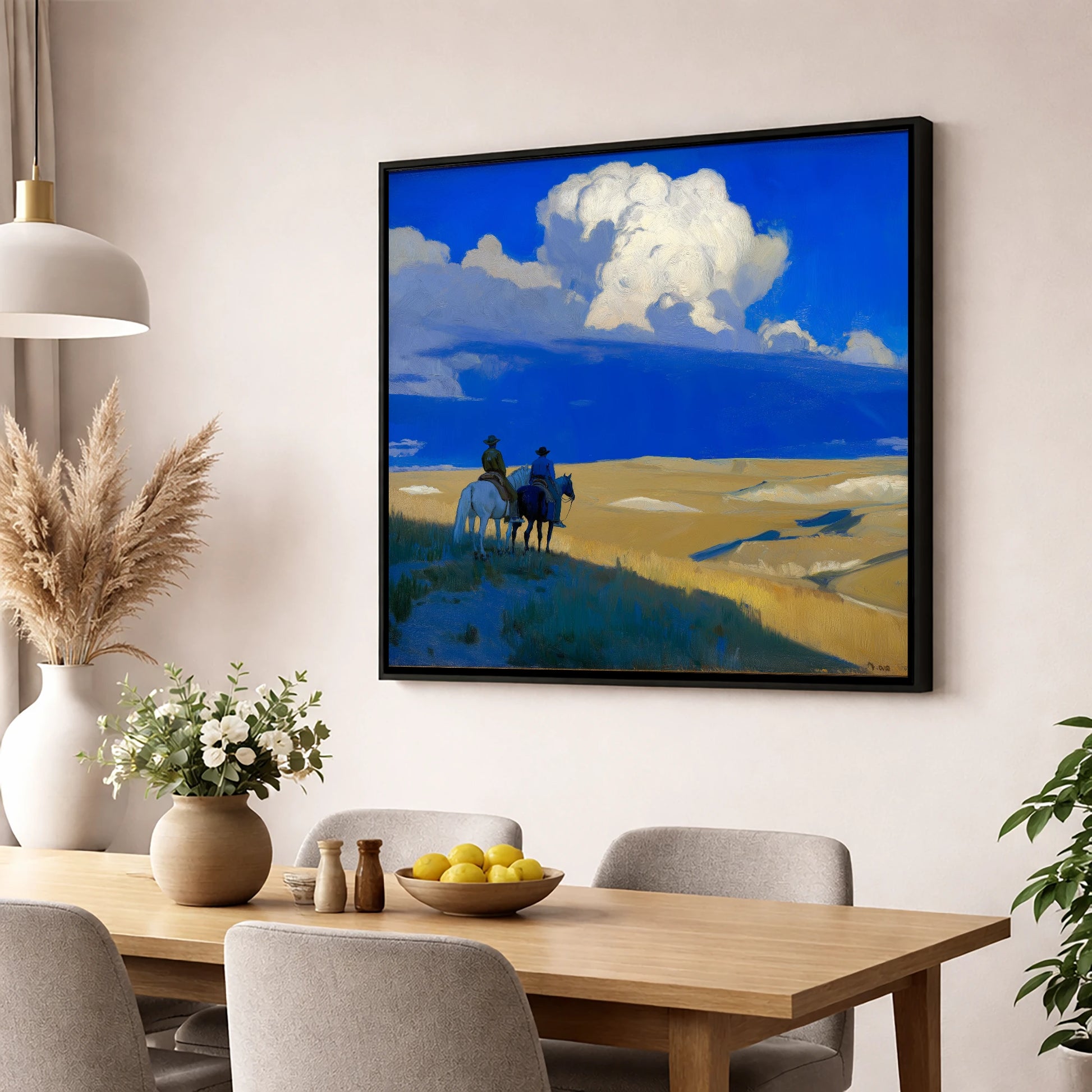 Beneath the Cobalt Sky horse landscape wall art displayed in a dining room