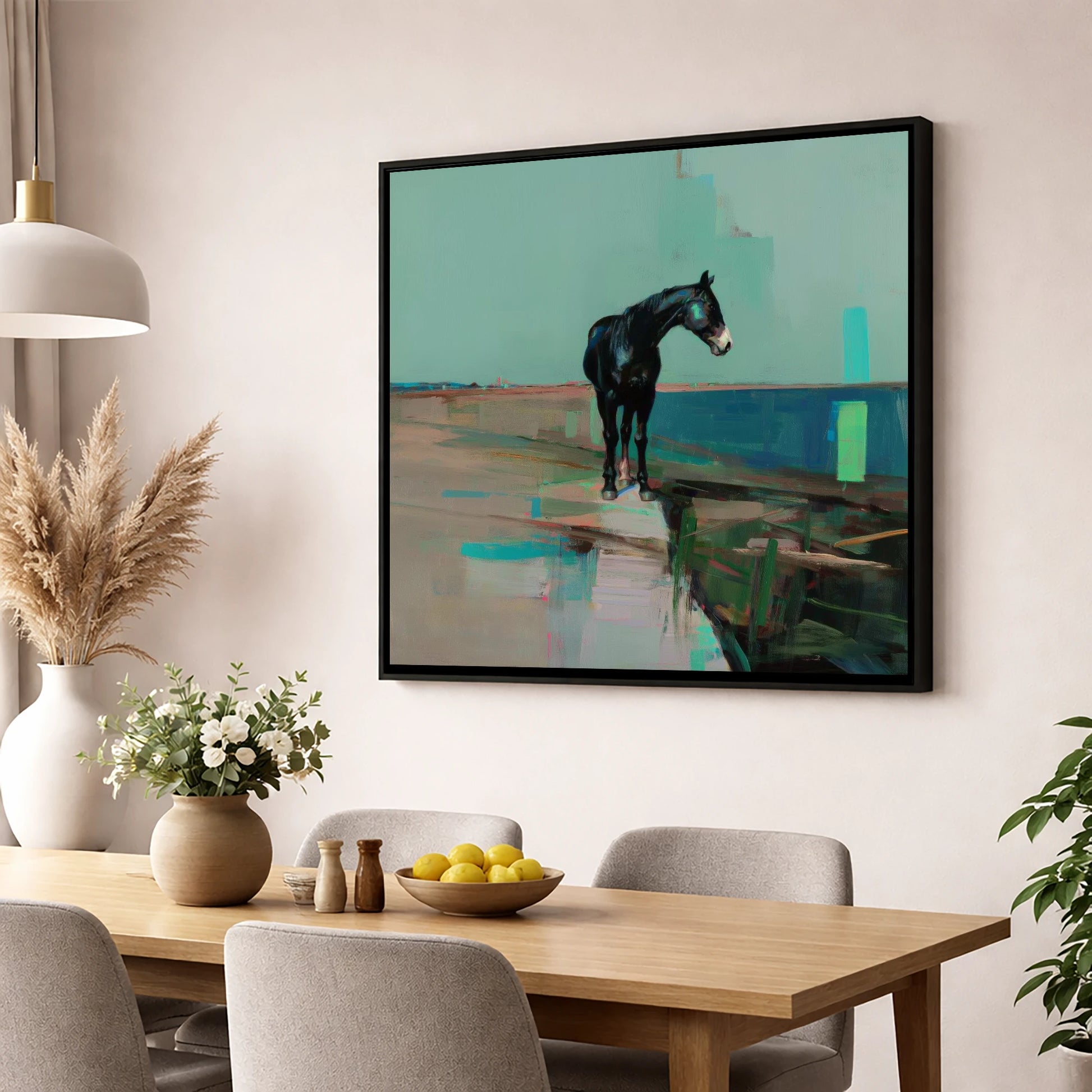 Silent Teal Horizon horse landscape wall art displayed in a dining room