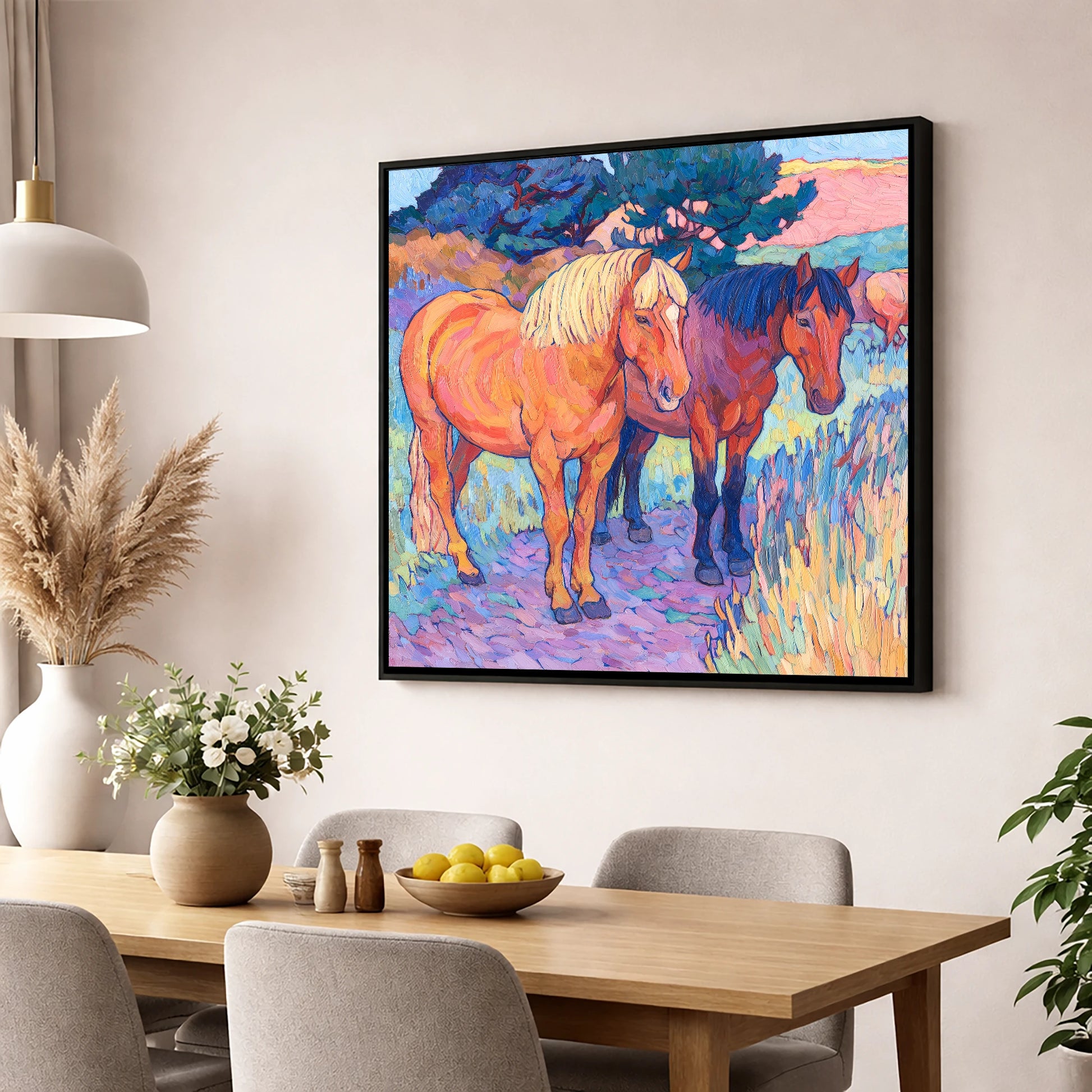 Sunset Pasture Companions horse landscape wall art displayed in a dining room