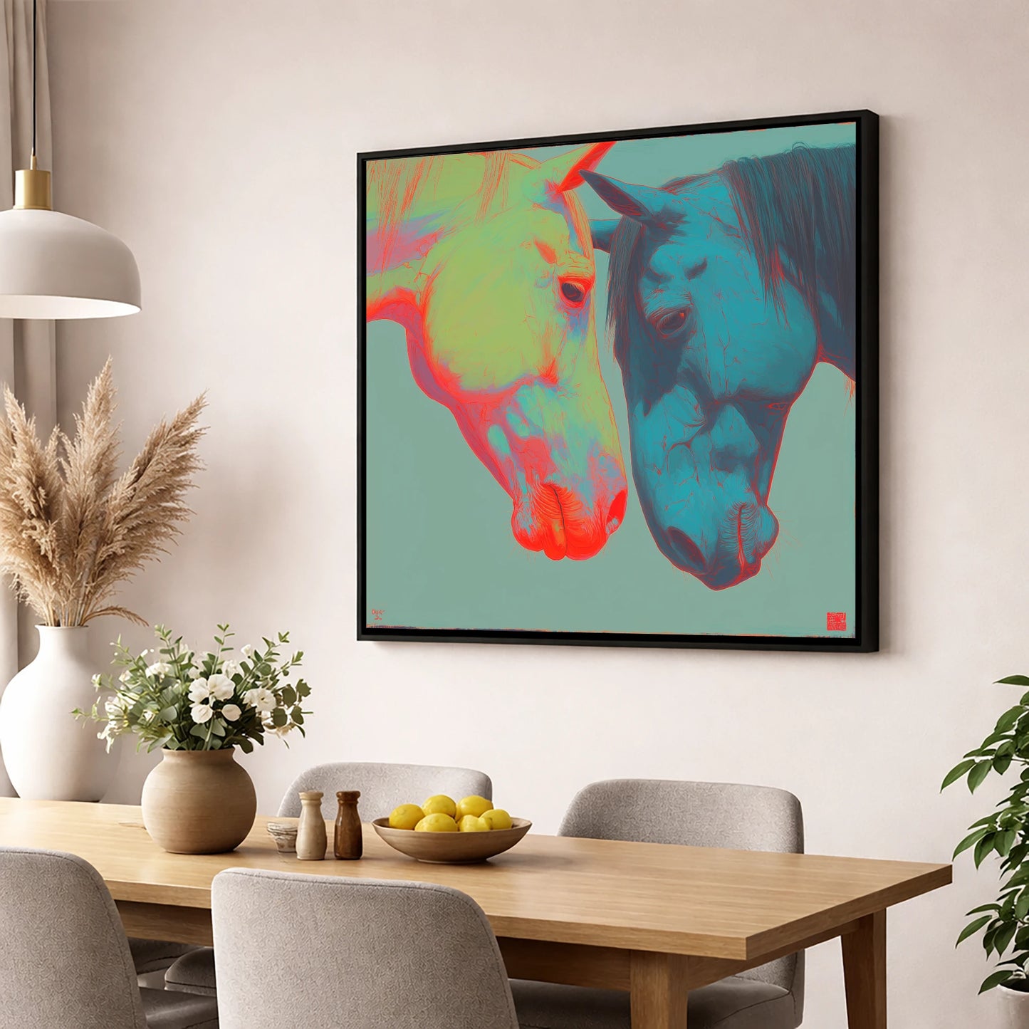 Vivid Connection horse portrait wall art displayed in a dining room