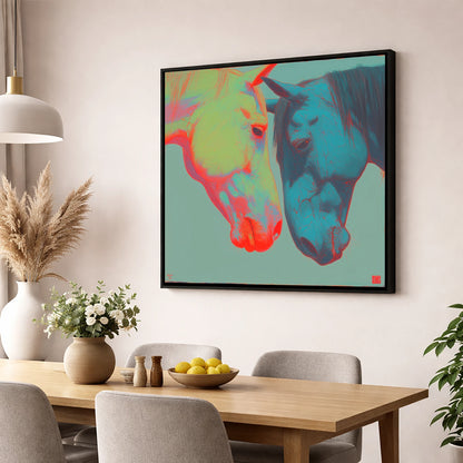 Vivid Connection horse portrait wall art displayed in a dining room