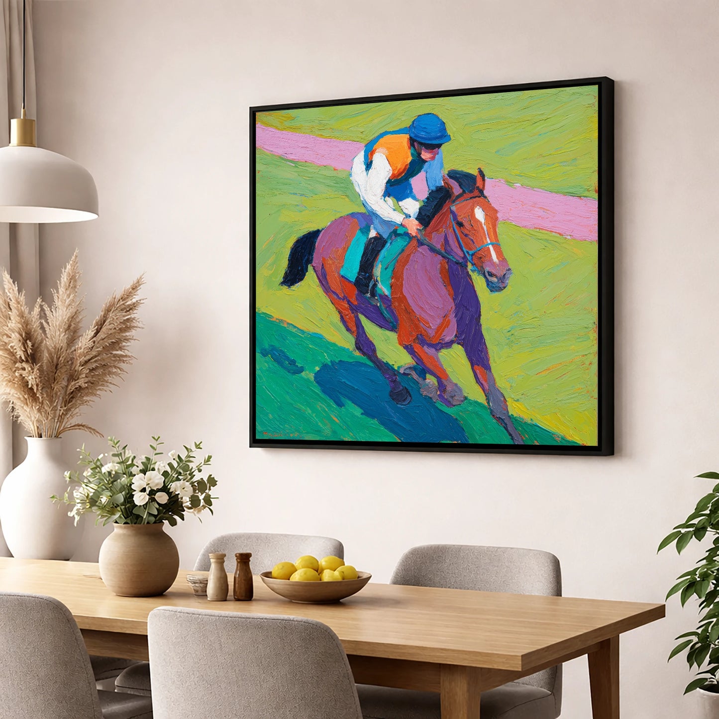 The Painted Pace racing horse wall art displayed in a dining room