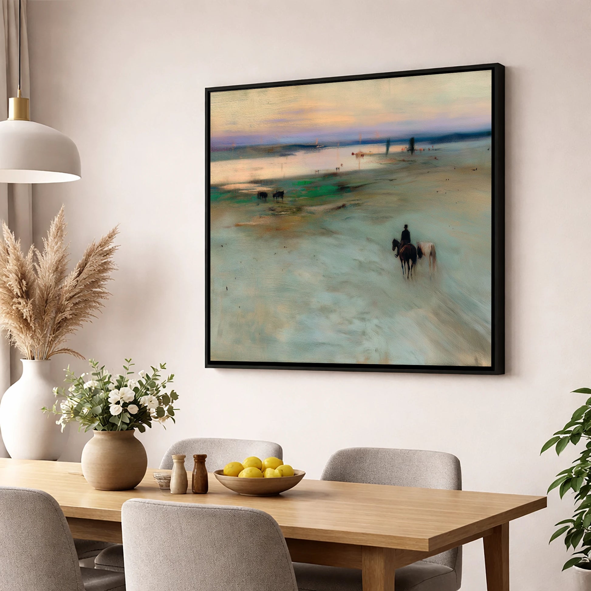 Across the Evening Sands horse landscape wall art displayed in a dining room