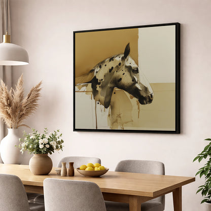 Spotted Sepia Study horse breed wall art displayed in a dining room