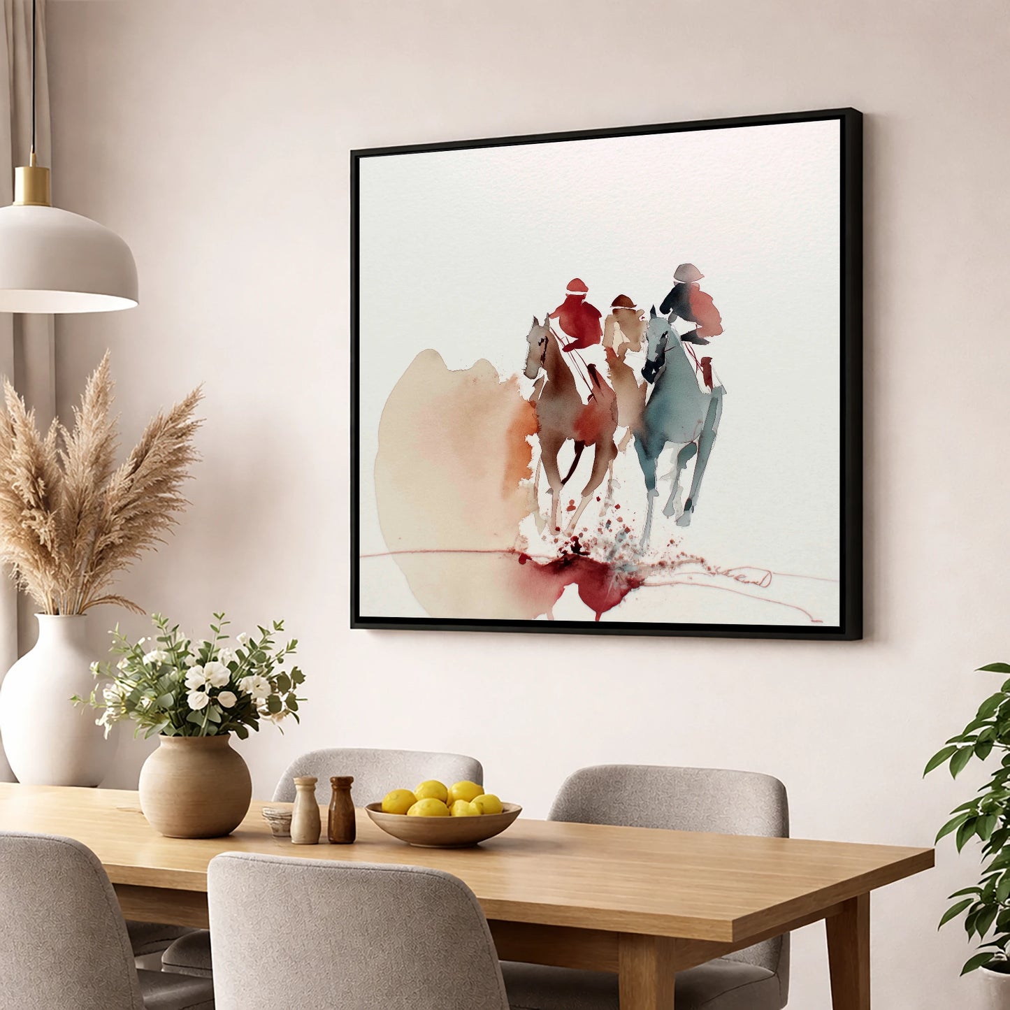 The Final Stretch racing horse wall art displayed in a dining room